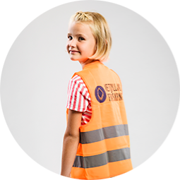 Refleksvest til barn med påtrykt logo fra Vestjylland Forsikring. Her ses ryggen.